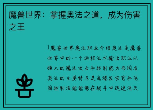 魔兽世界：掌握奥法之道，成为伤害之王