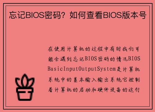 忘记BIOS密码？如何查看BIOS版本号